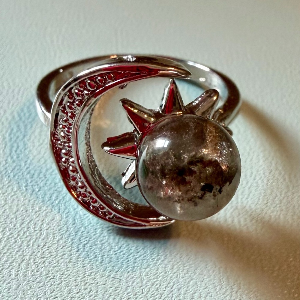 Silver Sun and Moon Statement Ring with Gray Stone